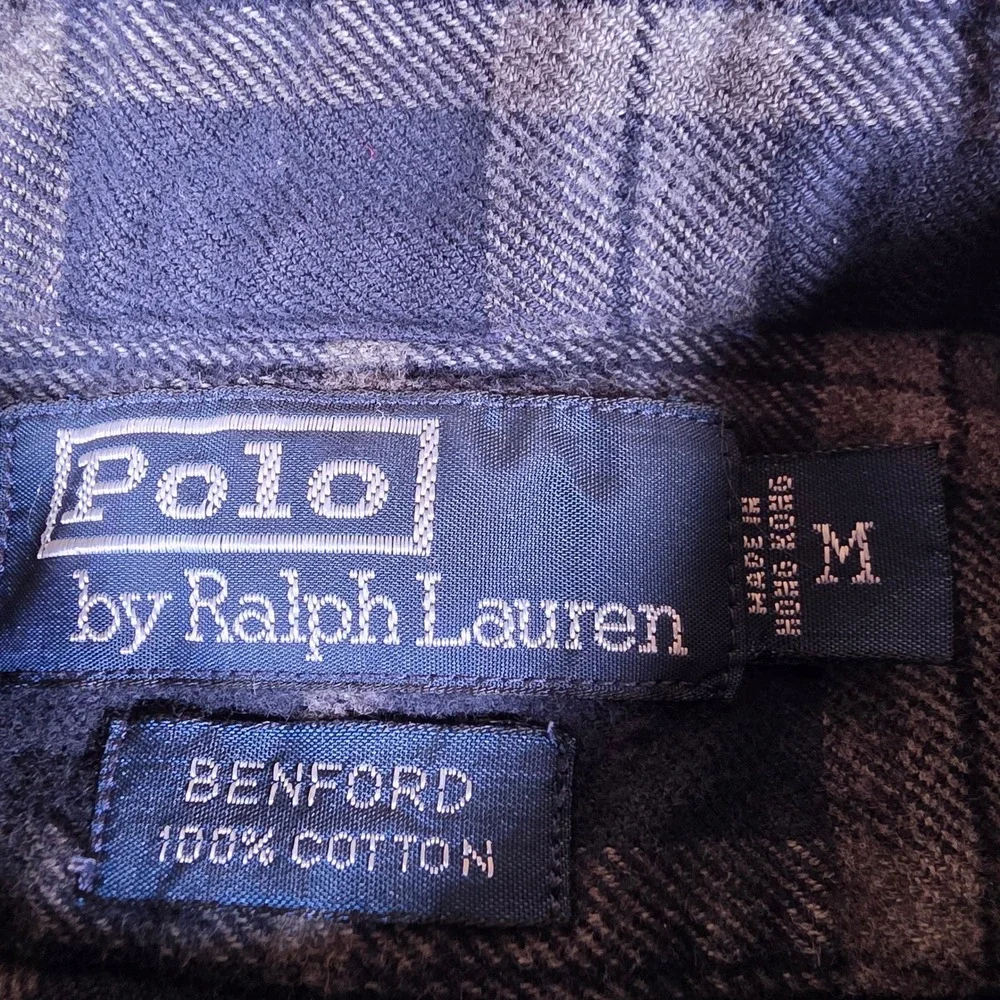Polo Ralph Lauren Benford Mens M Navy Blue Beige Plaid L/S Flannel Button Down